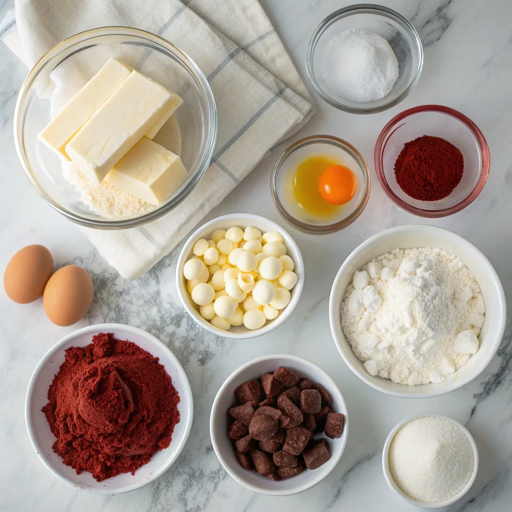 Ingredients for fudgy red velvet brownies