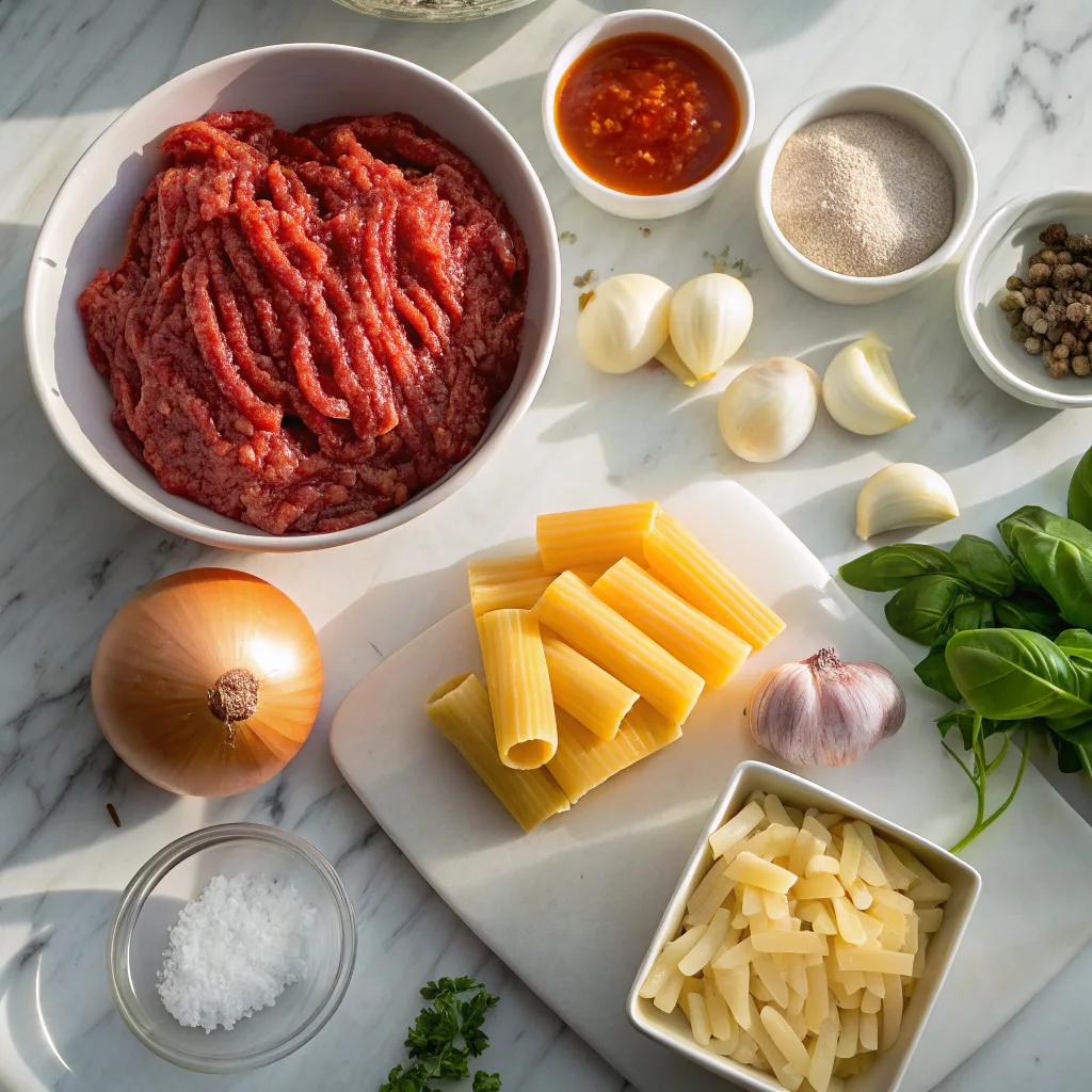 Ingredients for homemade beefaroni
