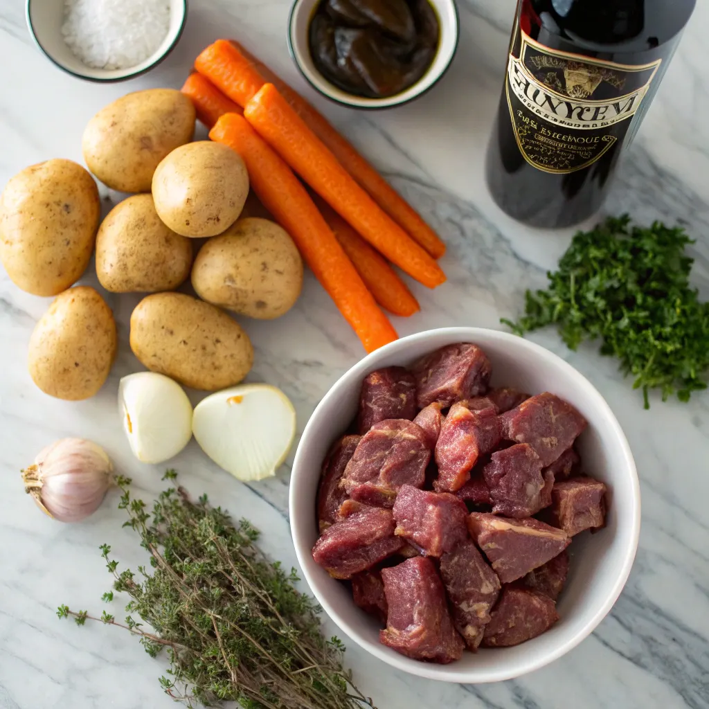 Irish lamb stew ingredients on counter