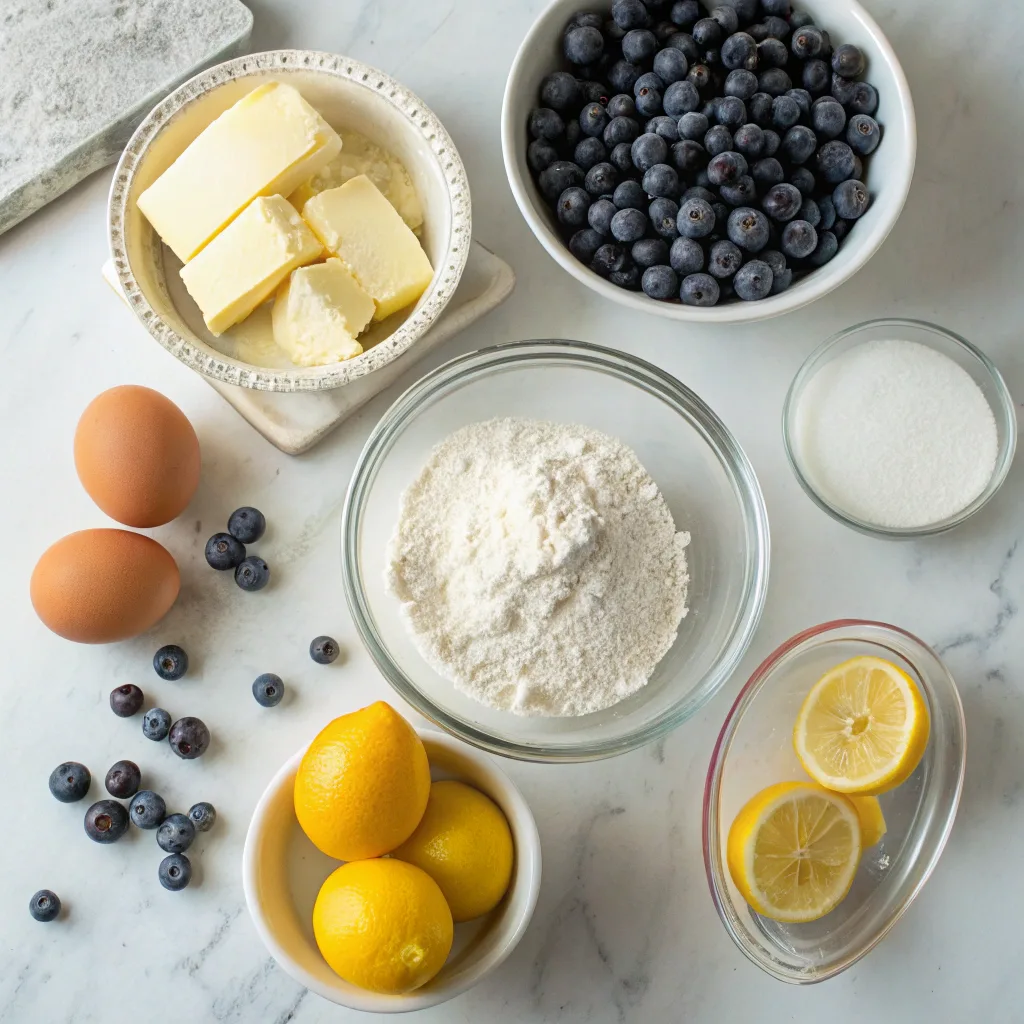 Ingredients for lemon blueberry cake