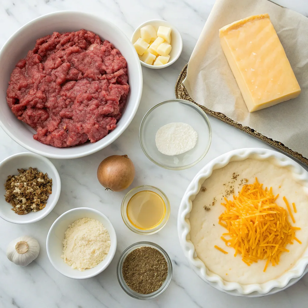 Ingredients for One-Pan Cheeseburger Pie on marble counter