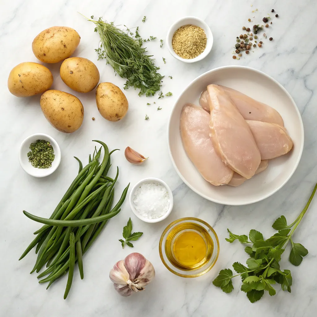 Ingredients for one pan garlic herb chicken with potatoes and green beans