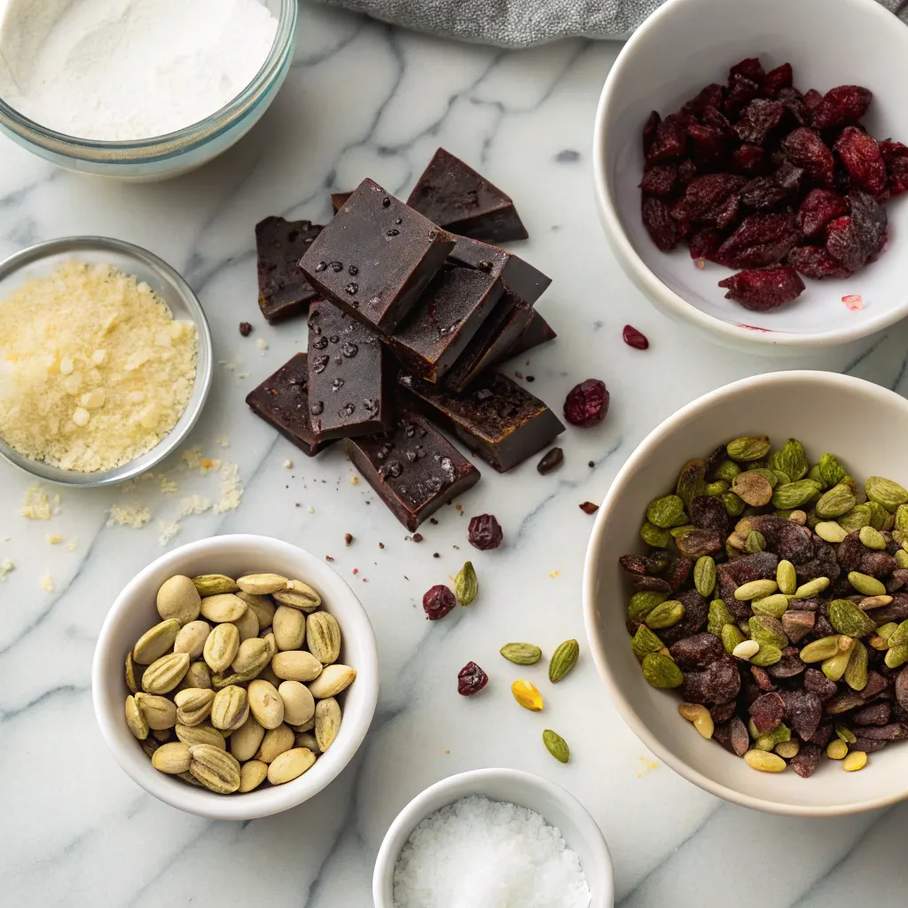 Ingredients for pistachio dark chocolate bark