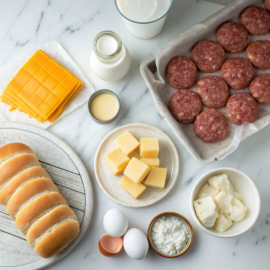 Ingredients for sausage egg and cheese breakfast roll