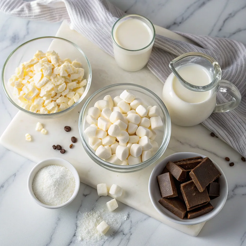 How to Make White Hot Chocolate at Home in Minutes 9 Ingredients for white hot chocolate laid out on marble