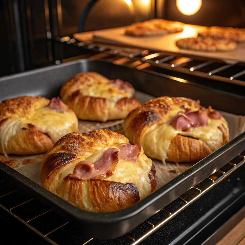 Baking baked ham and cheese croissants in oven