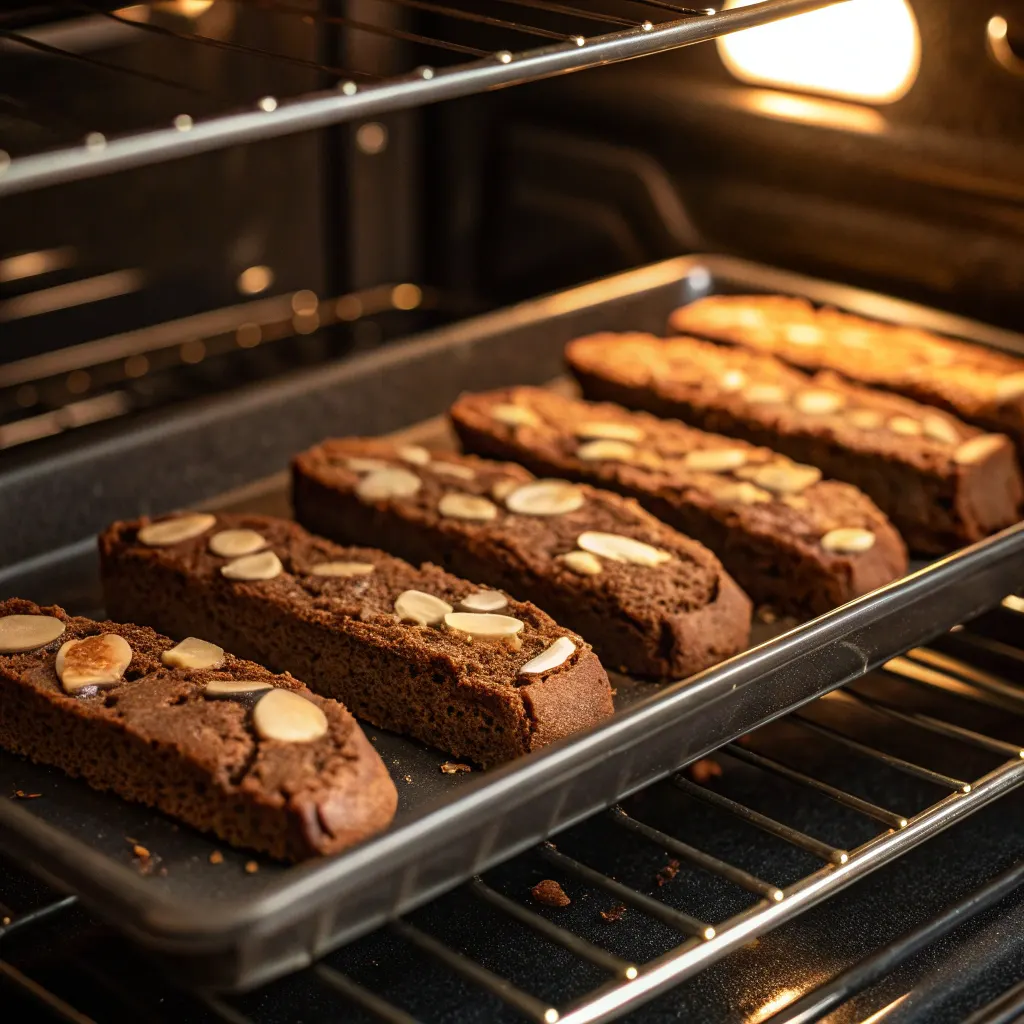 Chocolate biscotti baking in oven