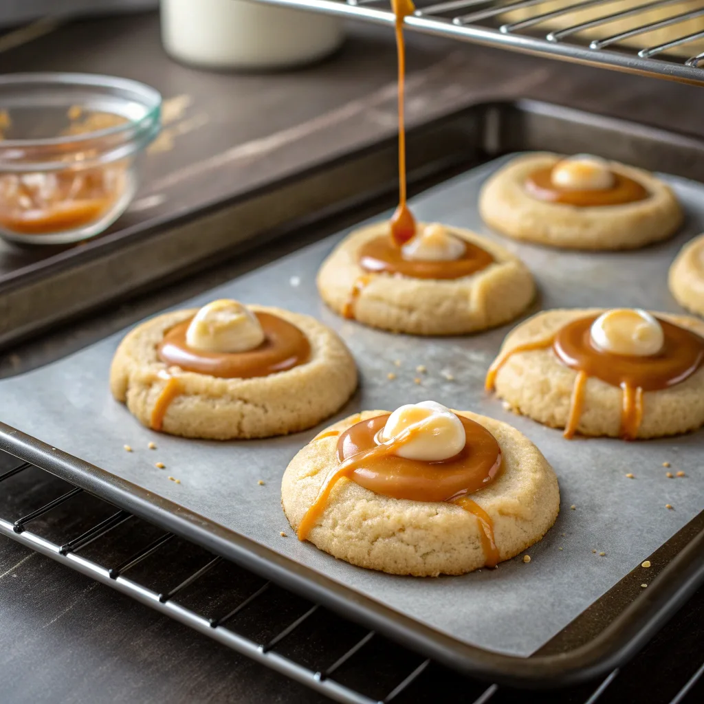 Baking Crumbl Salted Caramel Cheesecake Cookies in the oven