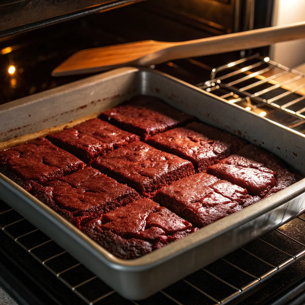 Fudgy red velvet brownies baking in pan