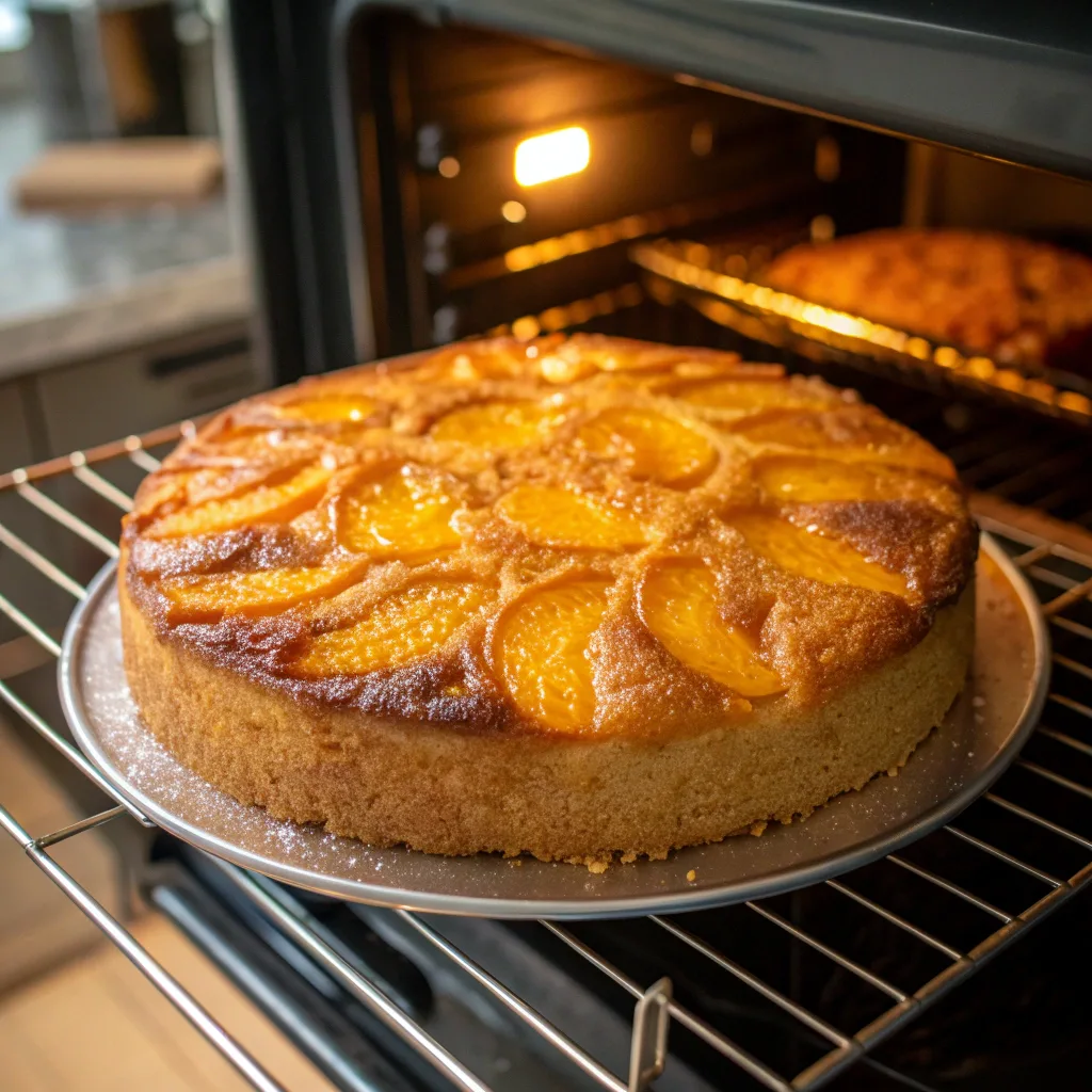 Baking Mango Upside Cake in oven