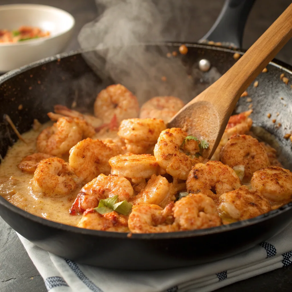 Cooking Bang Bang Shrimp in skillet