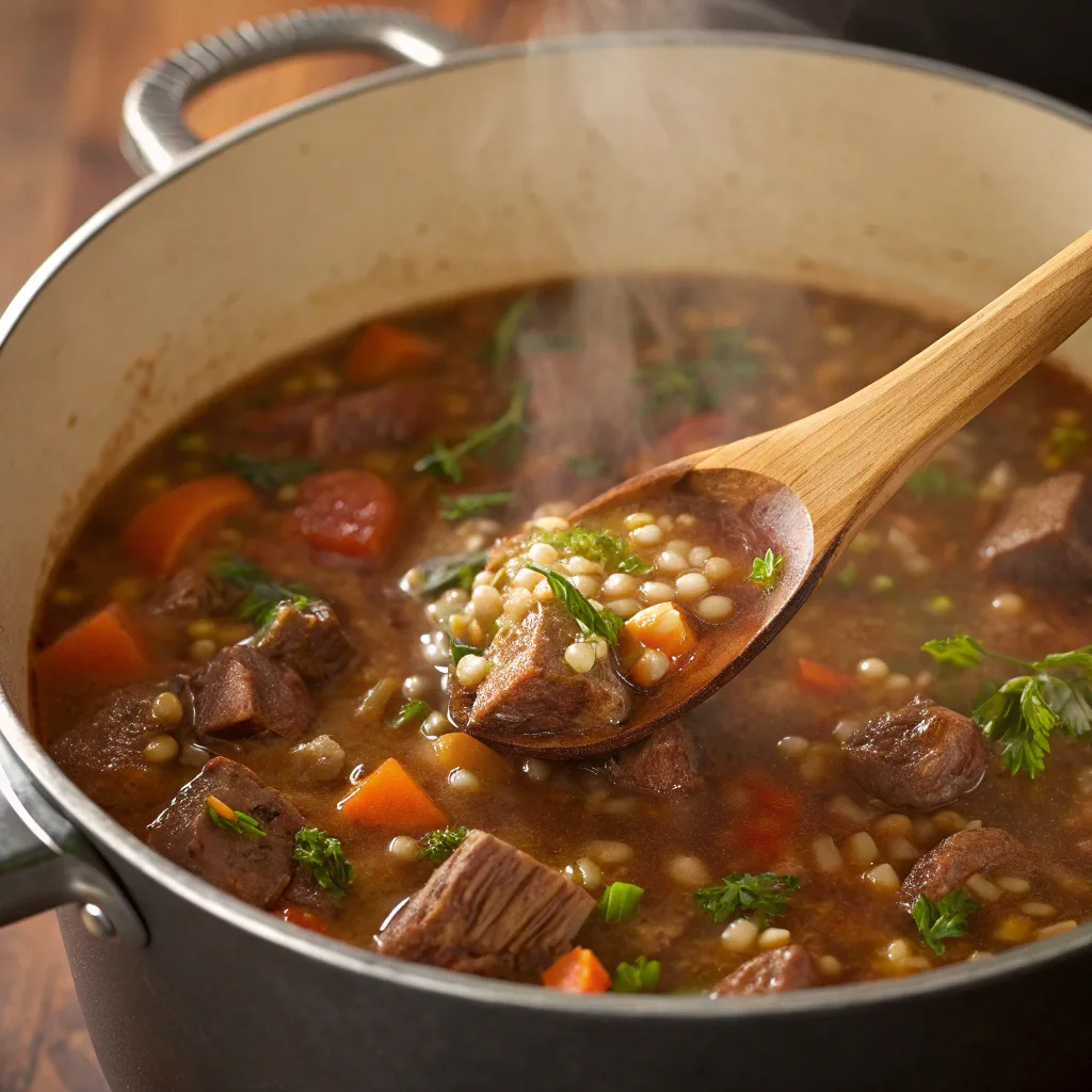 Beef and Barley Soup Recipe – Quick, Hearty, and Delicious 10 Cooking beef and barley soup in pot