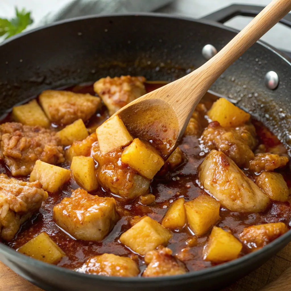 Brown Sugar Pineapple Chicken – Hawaiian-Inspired Dinner Recipe 10 Brown Sugar Pineapple Chicken cooking in skillet