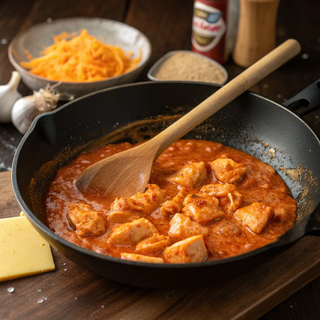 Cooking buffalo chicken tacos in skillet