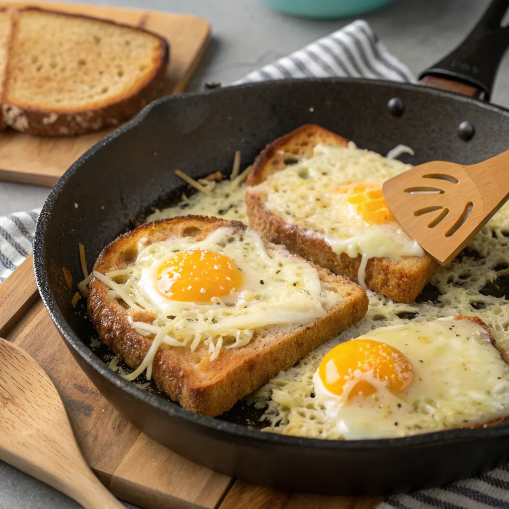 Cooking cheesy egg toast in skillet