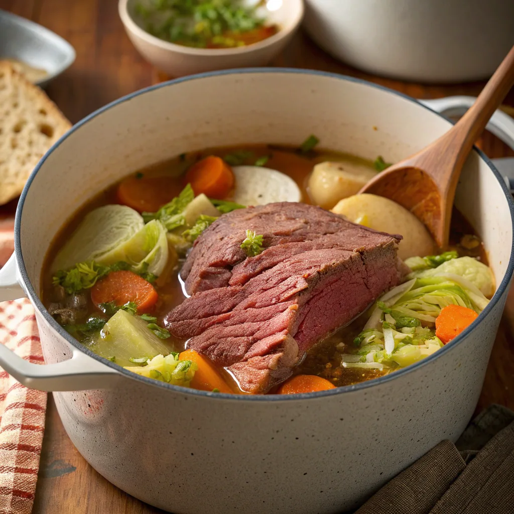 Corned beef and cabbage simmering in pot