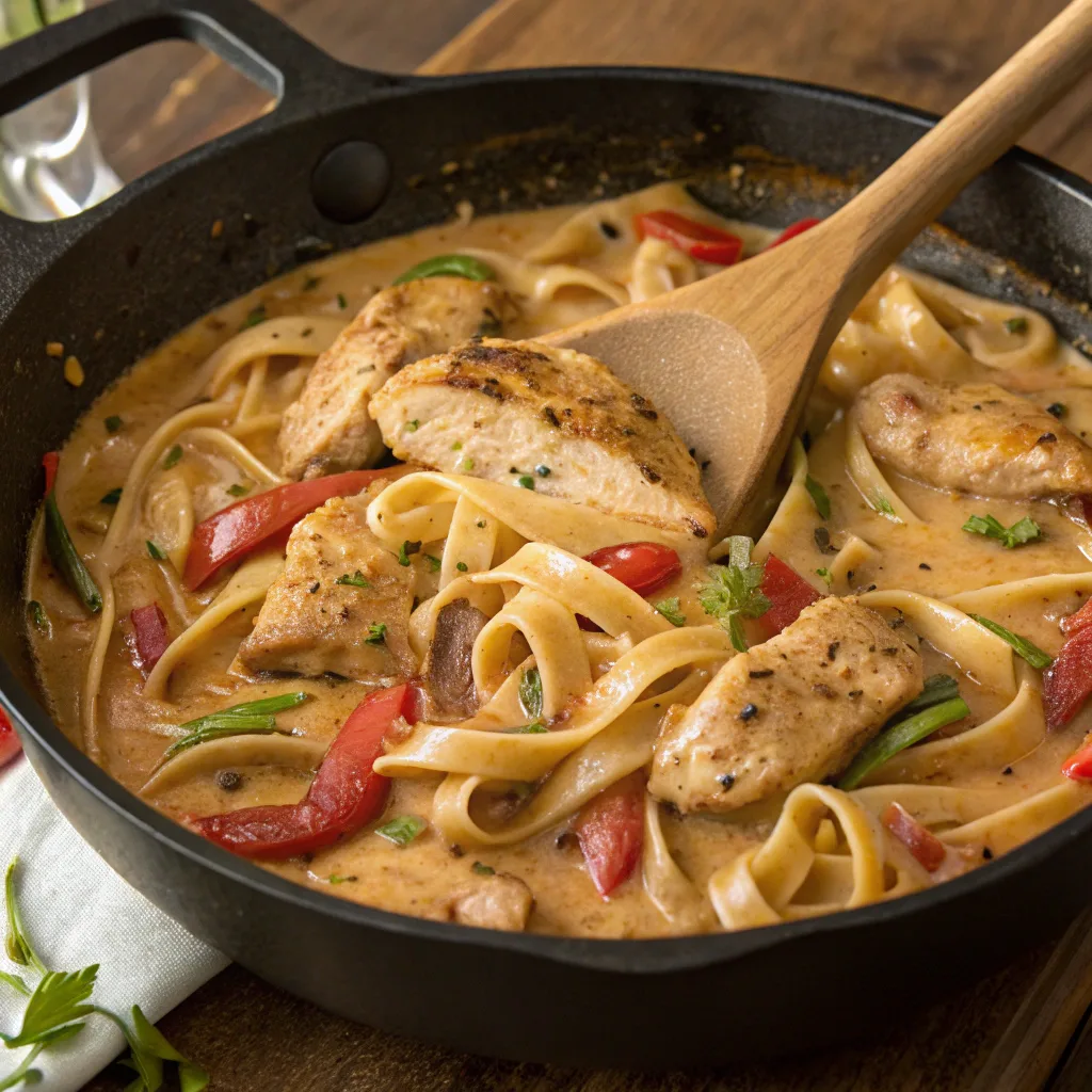 Cooking creamy Cajun chicken pasta in skillet