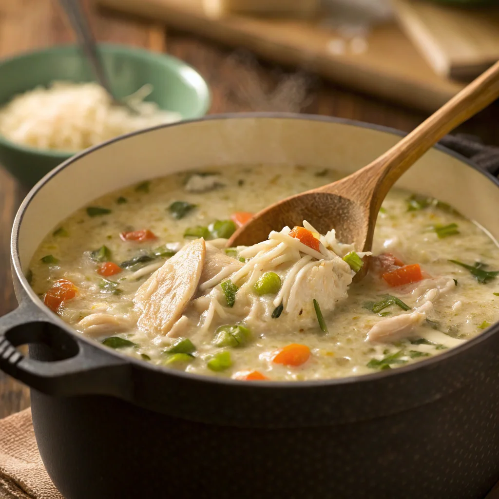 Best Creamy Chicken and Rice Soup – Easy Homemade Version 10 Cooking creamy chicken and rice soup in pot