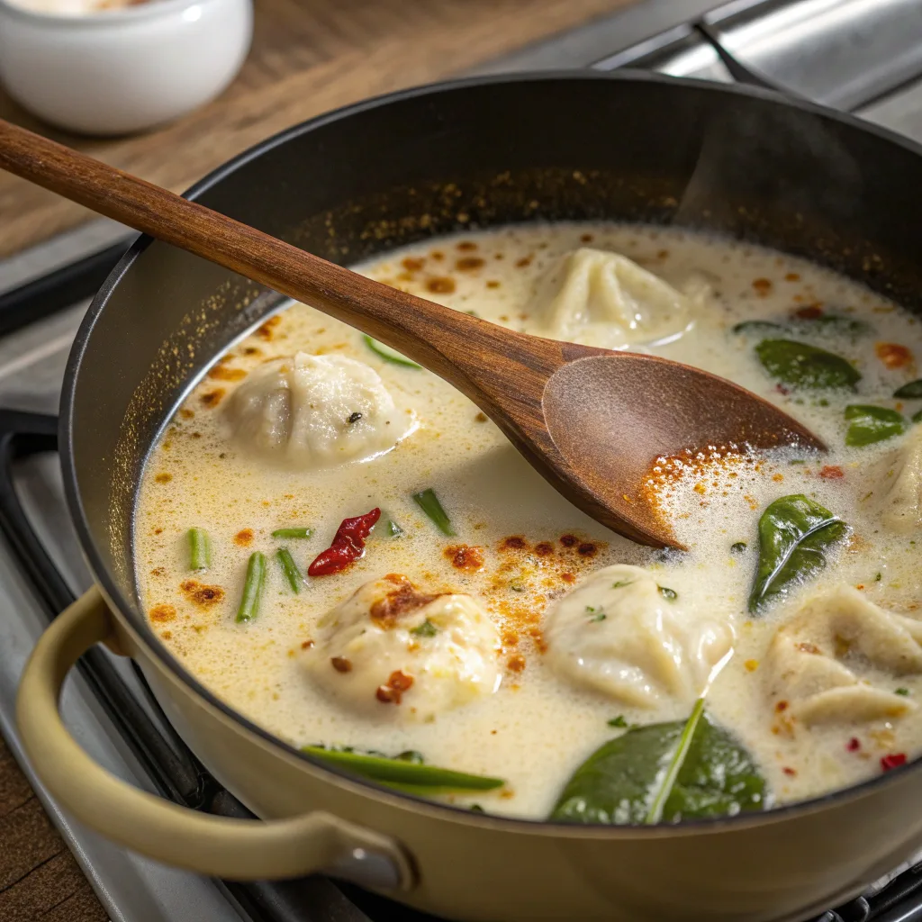 Cooking creamy Thai dumpling soup