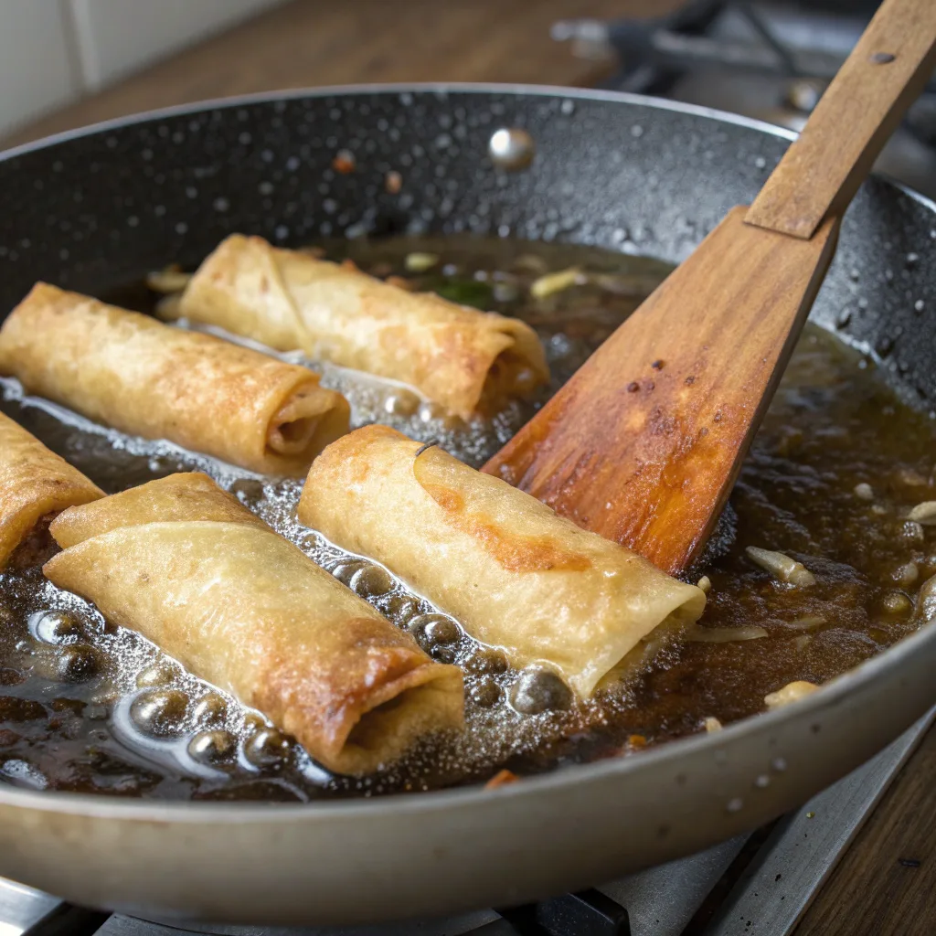 Easy Filipino Lumpia Recipe – Authentic Shanghai Rolls at Home 10 Filipino Lumpia frying in pan