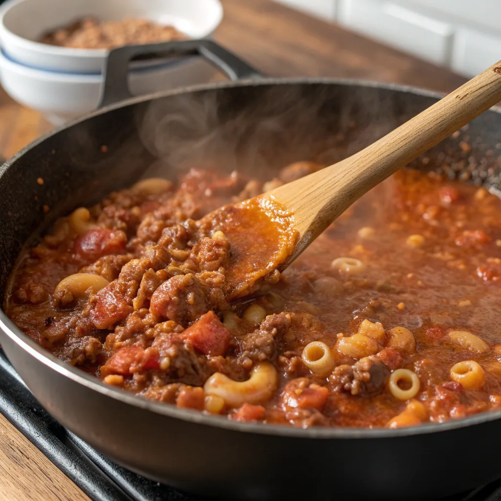 Cooking homemade beefaroni in skillet