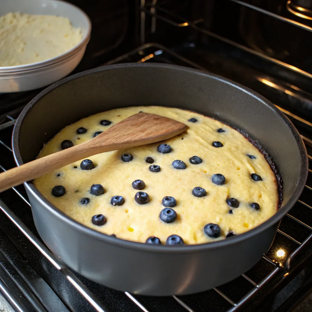 Lemon blueberry cake baking in oven