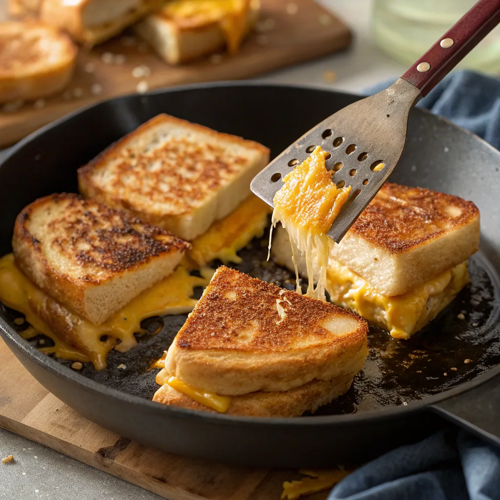 Cooking mini grilled cheese sandwiches in skillet
