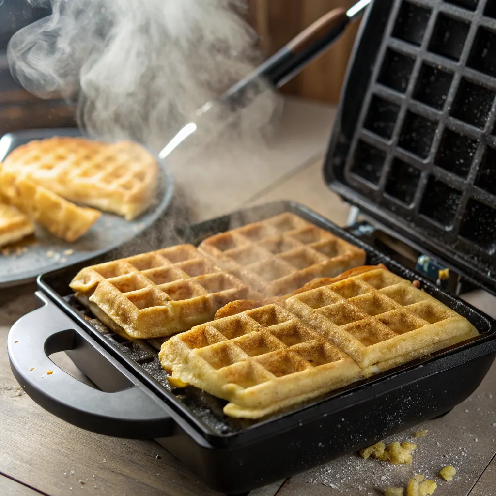 Potato waffles cooking in waffle iron