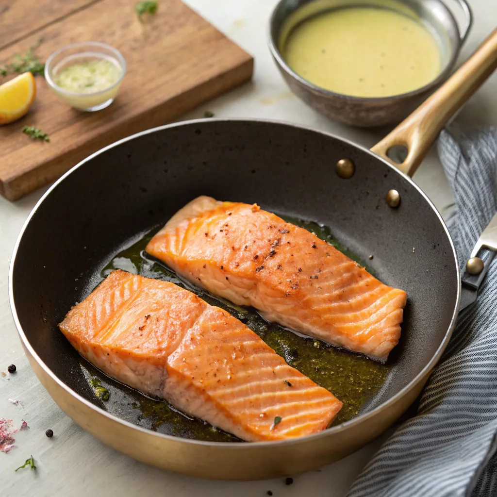 Salmon with Mustard Sauce – Baked, Pan-Seared or Air Fryer 10 Cooking salmon with mustard sauce in skillet