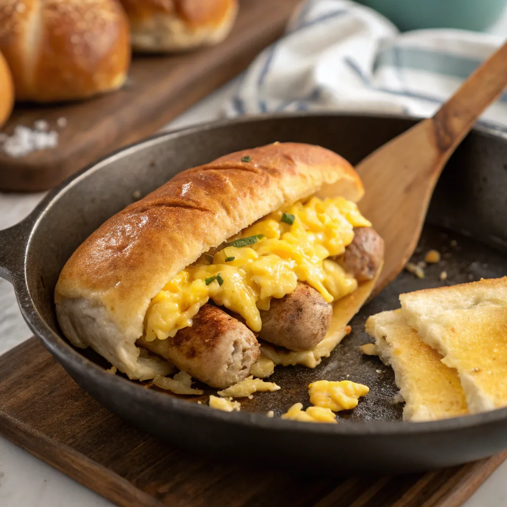 Cooking sausage egg and cheese breakfast roll
