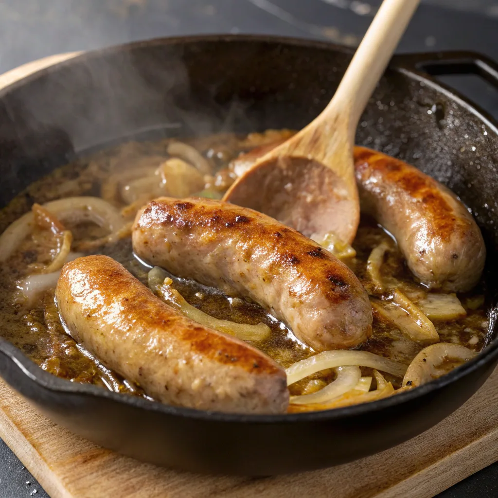 Bangers and Mash – Creamy Mash & Rich Onion Gravy 10 Cooking sausages and onion gravy in skillet