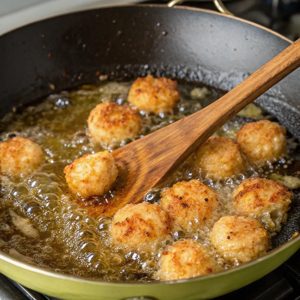 Frying shrimp balls in pan