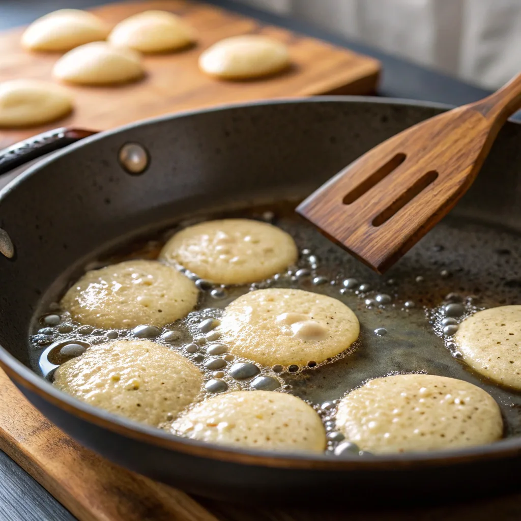 Cooking Qatayef Asafiri pancakes in pan
