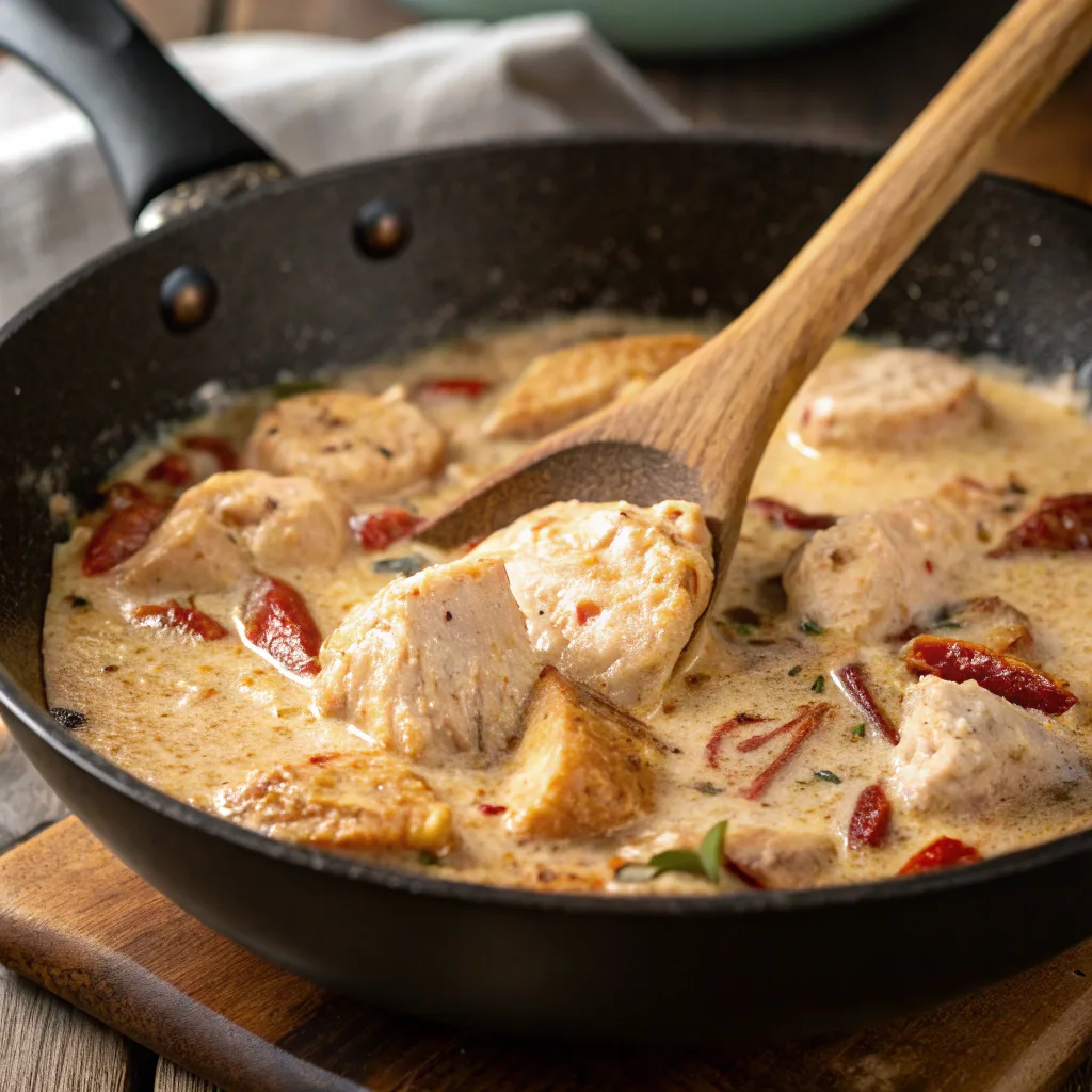 Cooking spicy Brazilian coconut chicken in skillet