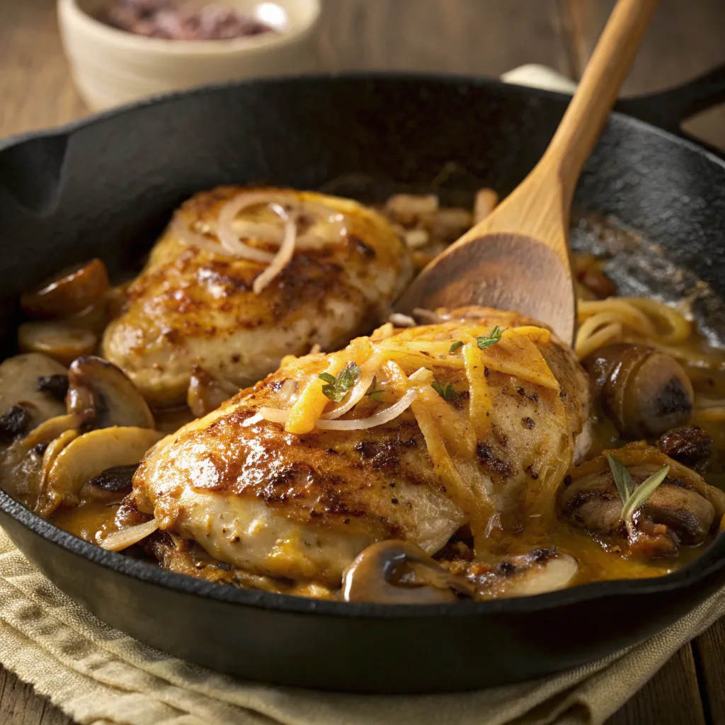 Cooking Texas Roadhouse Smothered Chicken in skillet