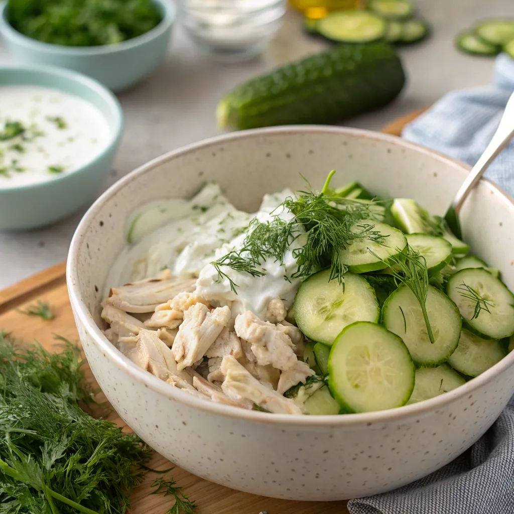 Assembling high protein cucumber salad in a bowl