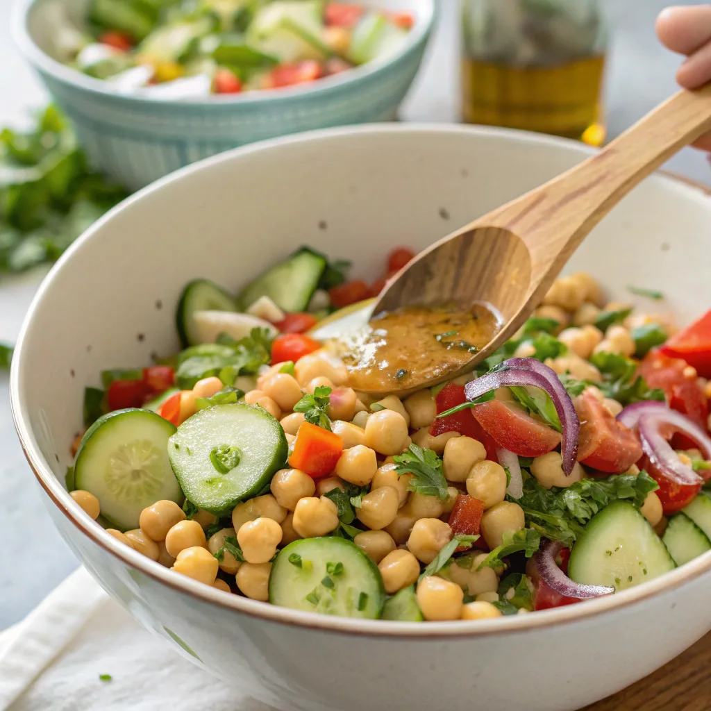 Tossing cucumber and chickpea slaw