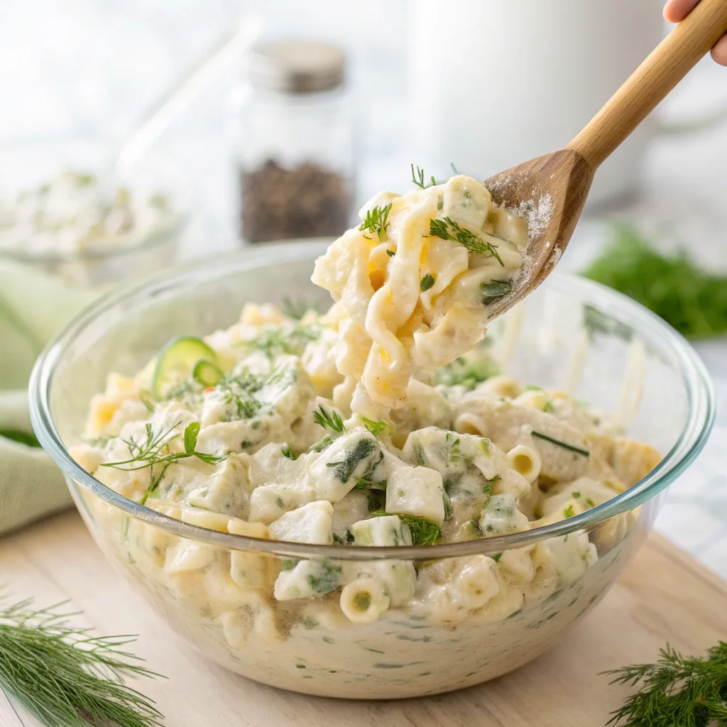 Mixing dill pickle pasta salad