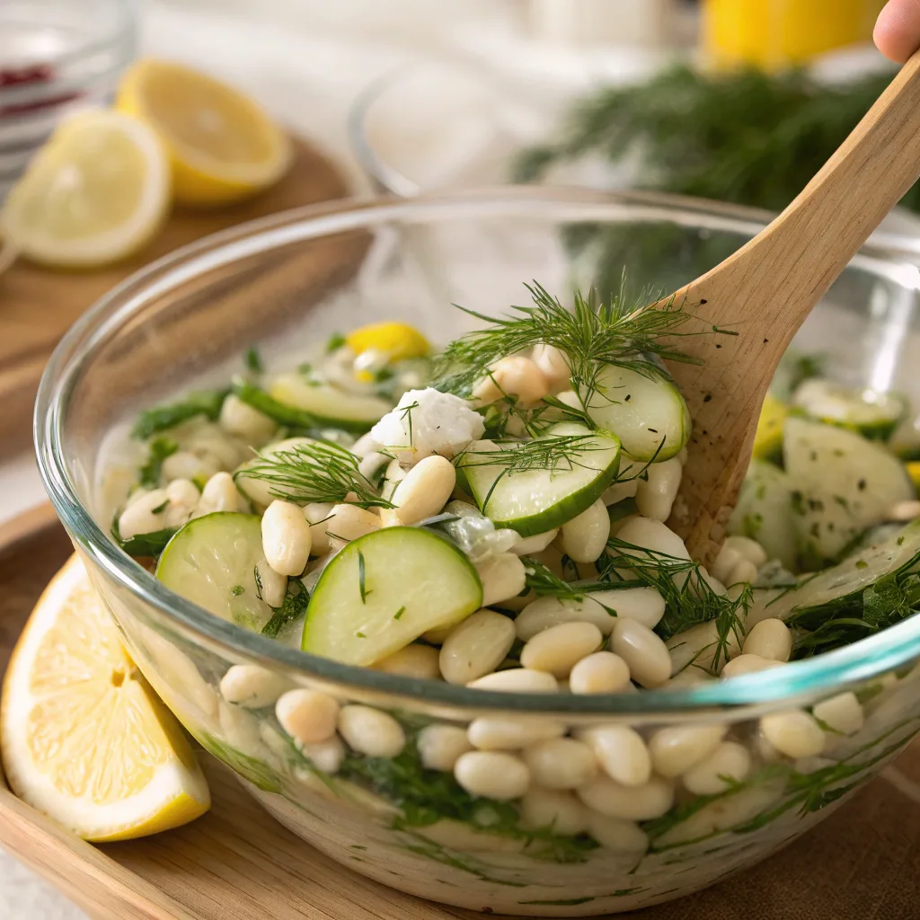 Mixing white bean cucumber salad