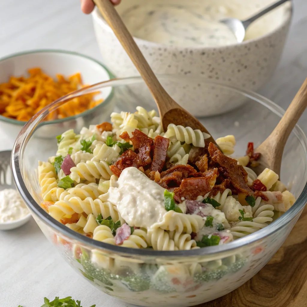Mixing creamy ranch pasta salad