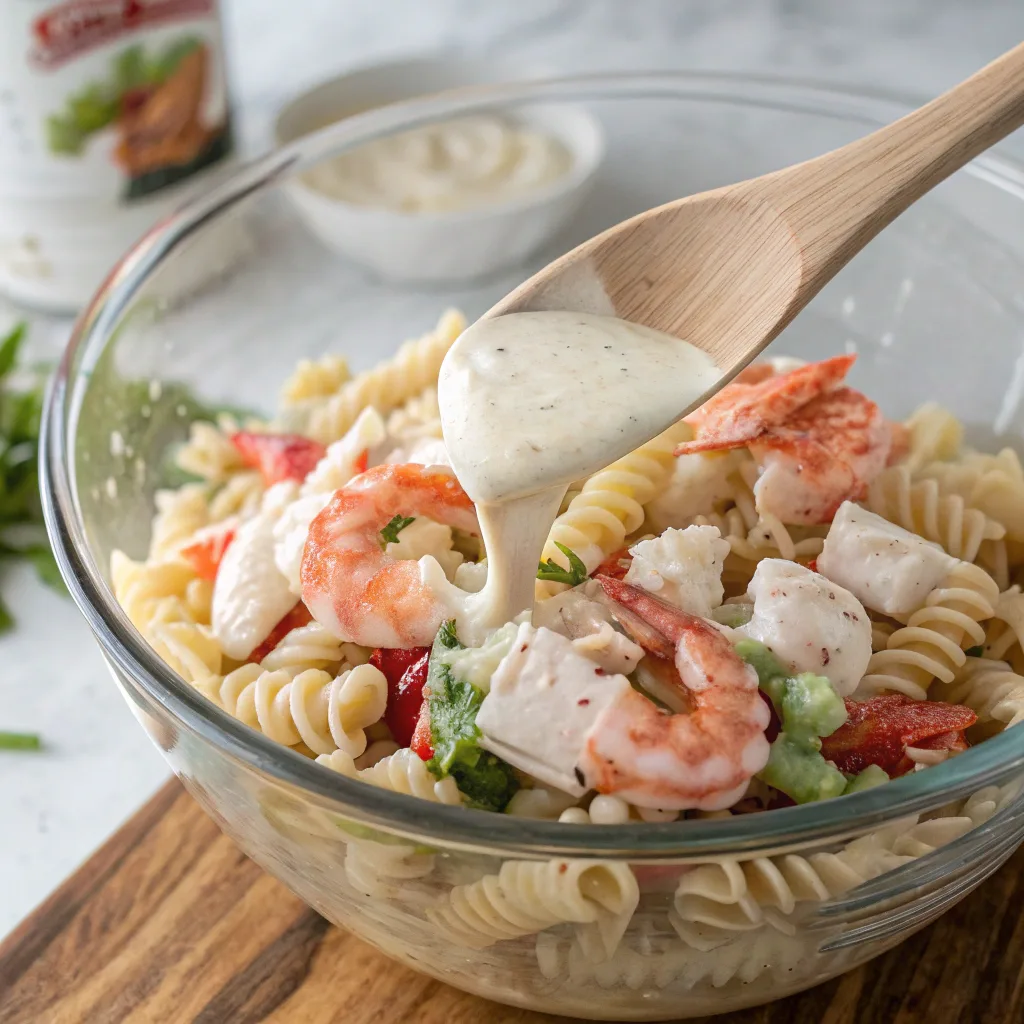 Seafood Pasta Salad – The Best Creamy Family Recipe 10 Mixing seafood pasta salad with mayo dressing
