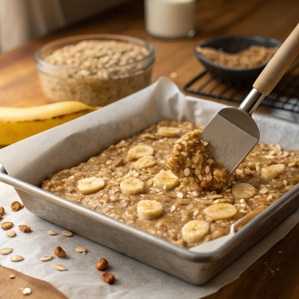 Peanut Butter Banana Oatmeal Bars – Easy Healthy Snack 10 Peanut butter banana oatmeal bars mixture in pan