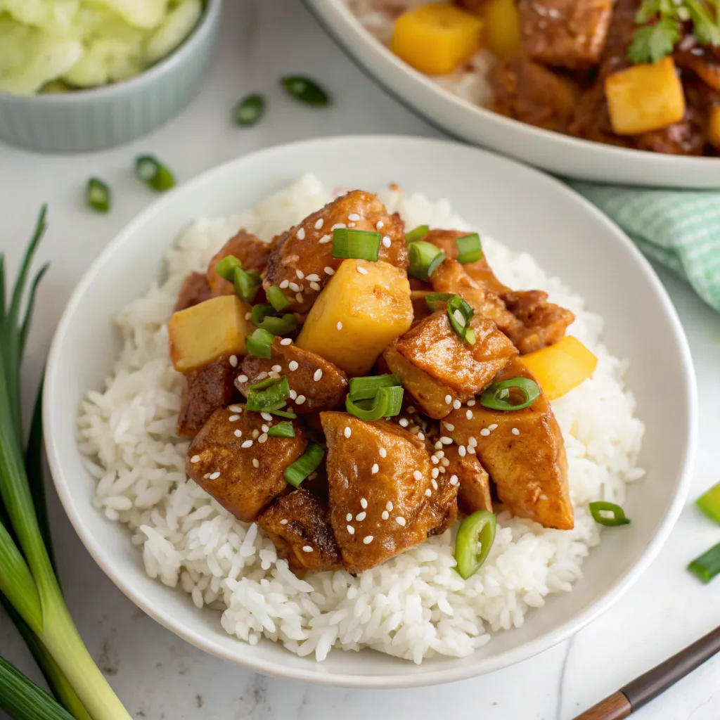 Sweet Hawaiian Crockpot Chicken – Easy & Flavorful Dinner Recipe 11 Sweet Hawaiian Crockpot Chicken in bowl with pineapple and sauce