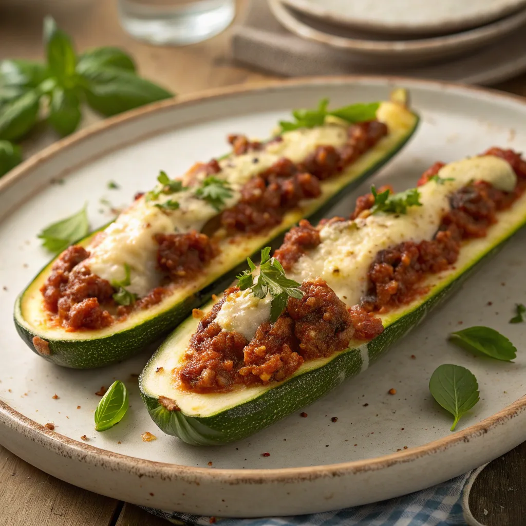 Ground beef zucchini boats with melted cheese