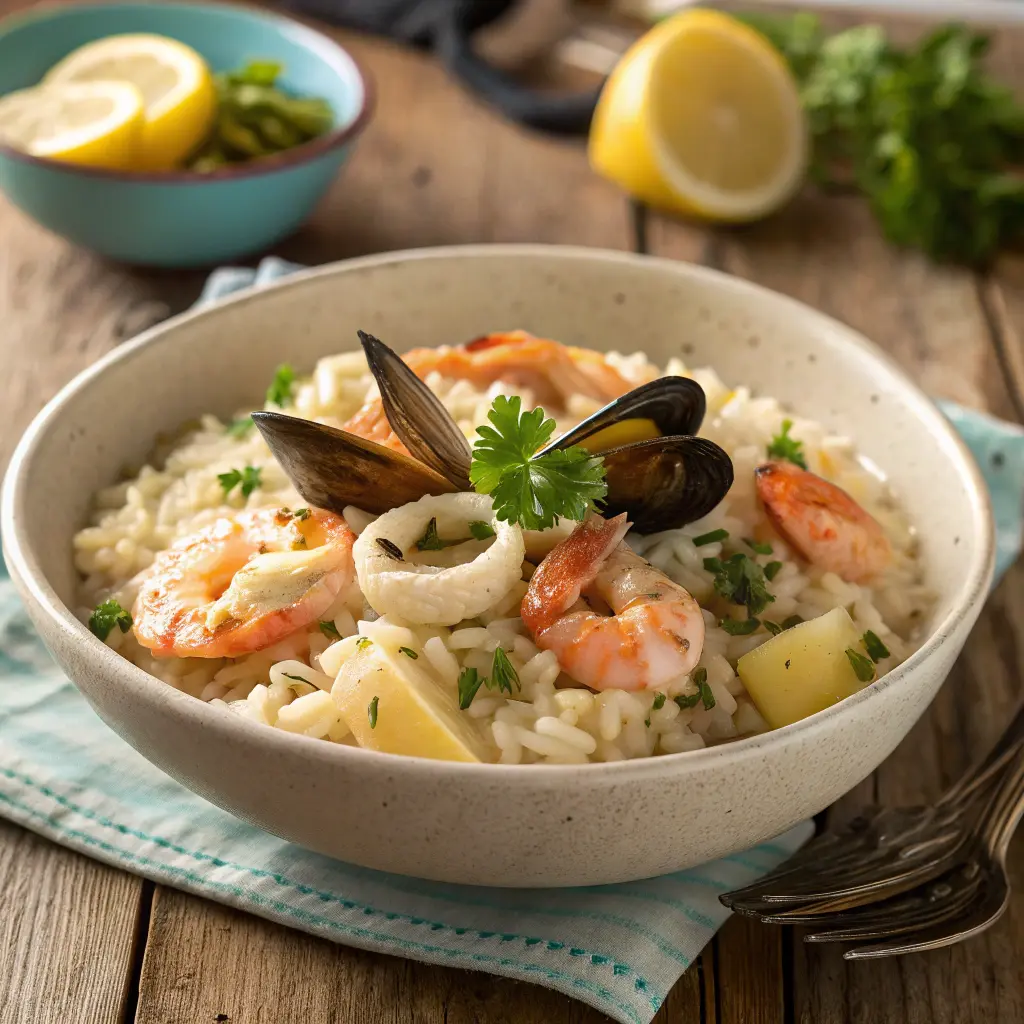 Creamy seafood risotto with shrimp and mussels