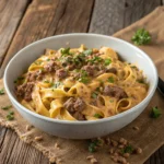 High Protein Creamy Beef Pasta in a bowl