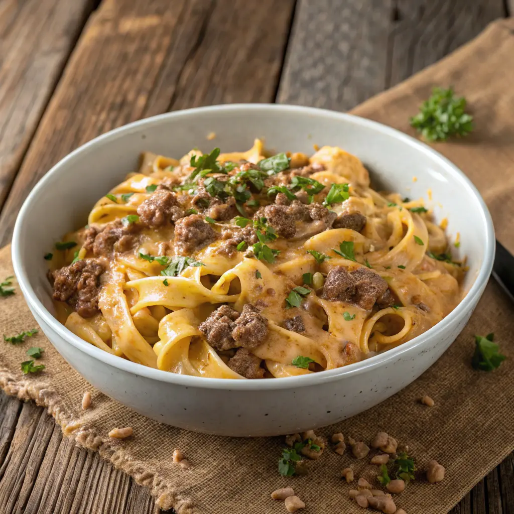 High Protein Creamy Beef Pasta in a bowl