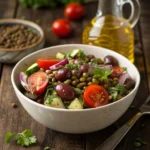 Mediterranean lentil salad in a bowl