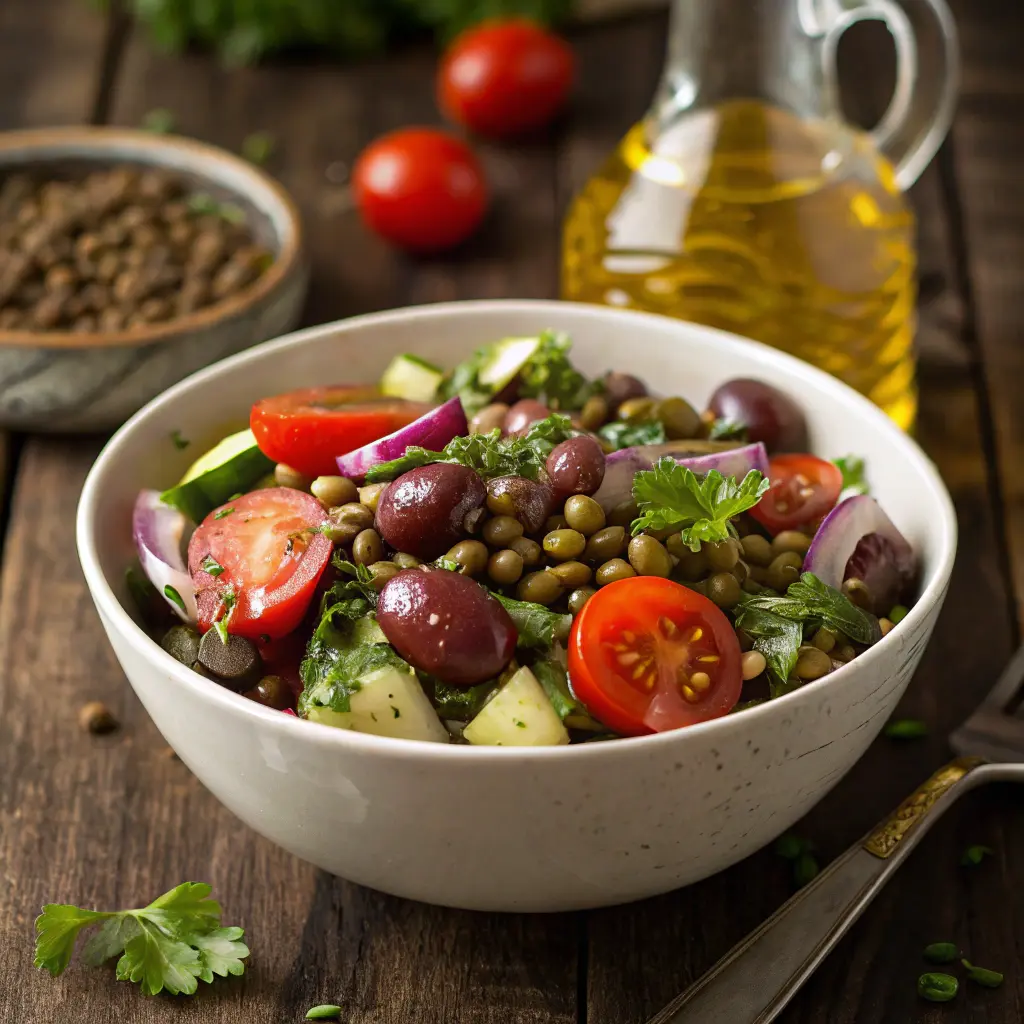 Mediterranean lentil salad in a bowl