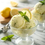 Lemon basil sorbet served in glass bowl